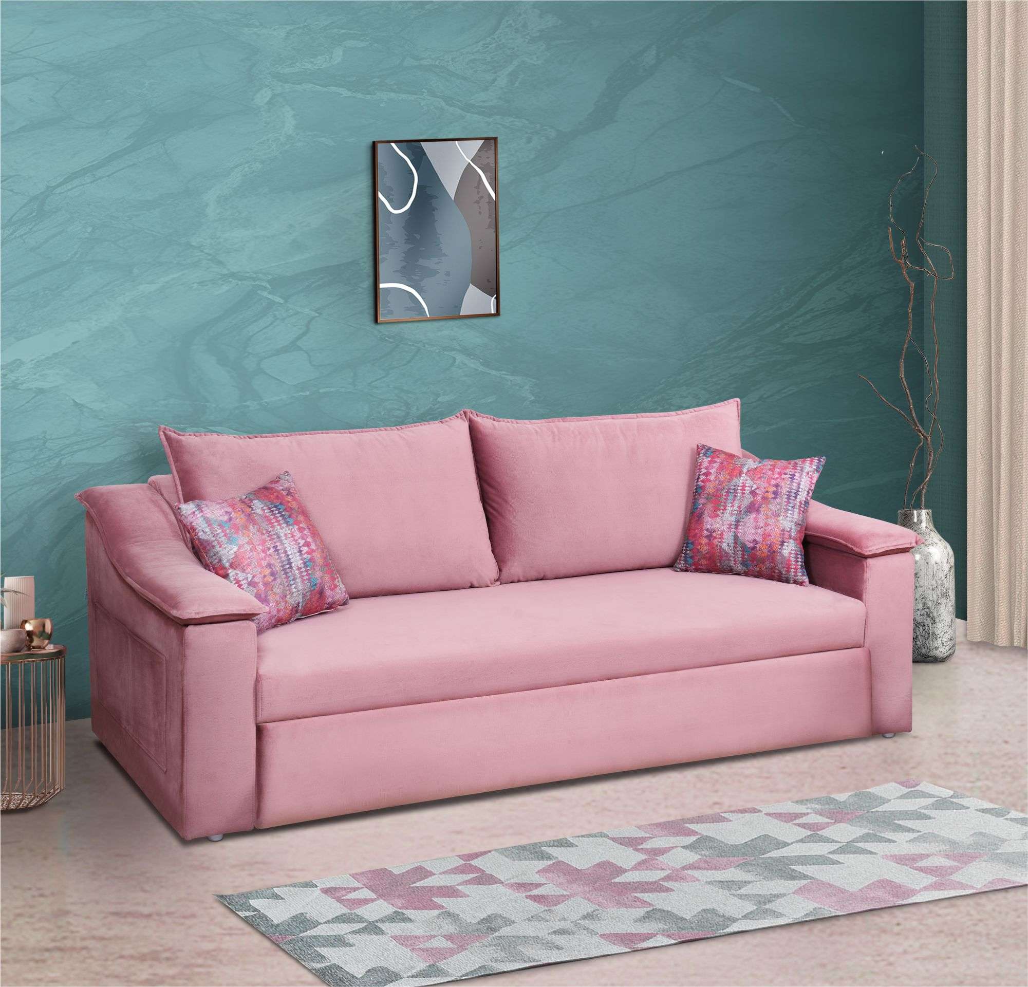 LVESCBWR003-Wrangler Three seater sofa bed with Two Pillows-Blush Pink