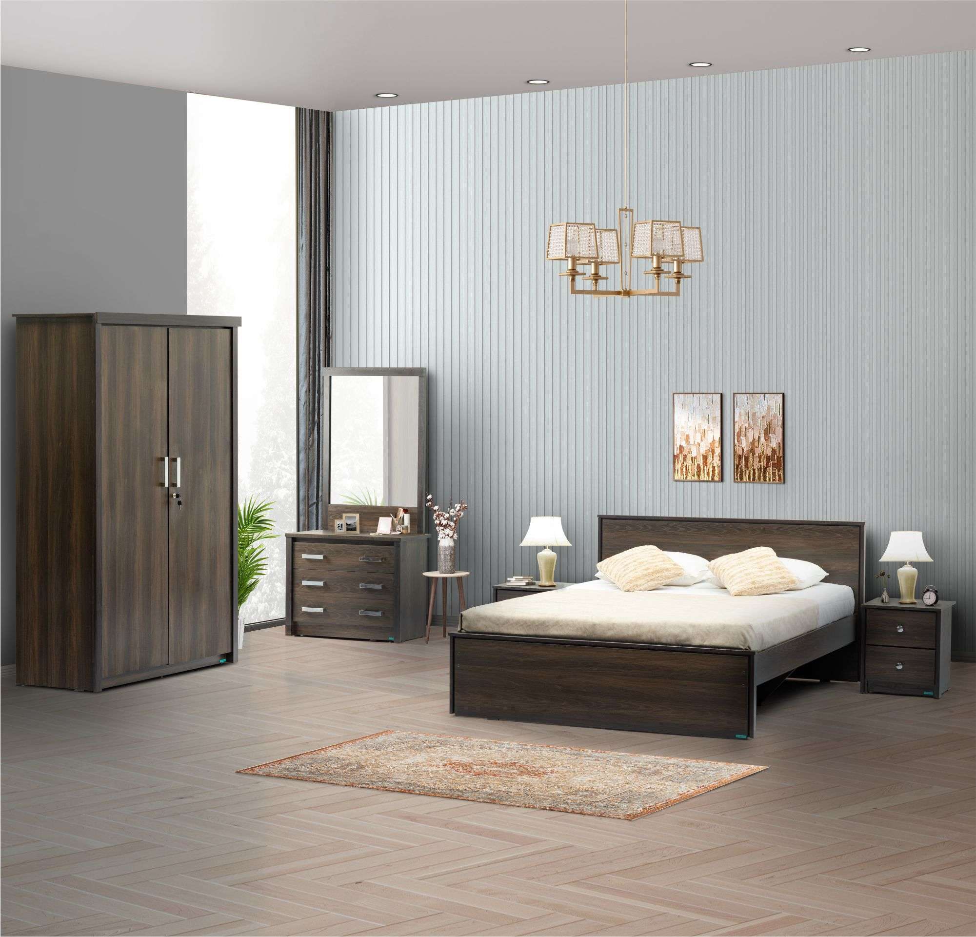 Ornate 4 Piece Bedroom Set (Queen Bed + 2 Door Wardrobe + Dresser + Side Table)